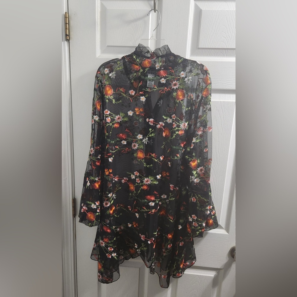 Sheer Black Floral Ruffled High-Neck Tunic